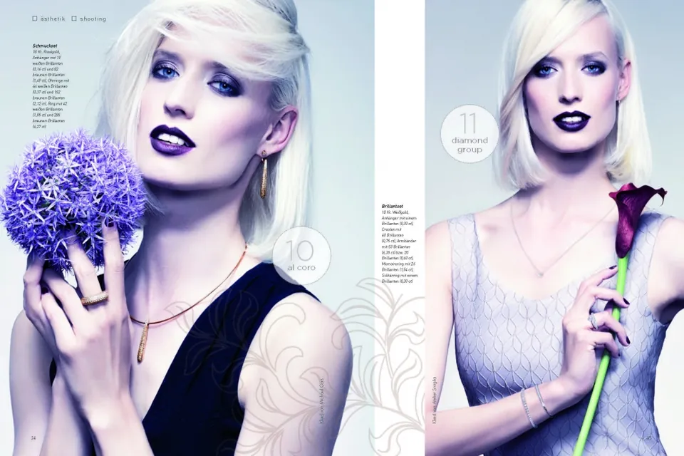 Doppelseite mit platinblondem Model und violetten Blumen